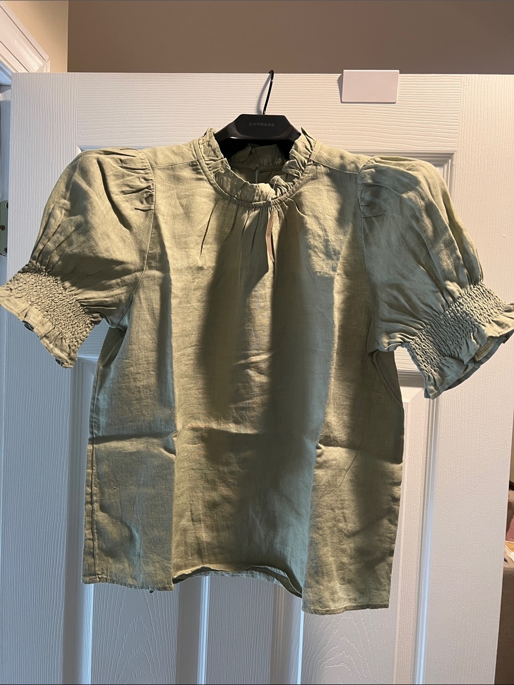 J. Crew Olive Green Ruffled Neck Puff Sleeve Blouse size S NWT